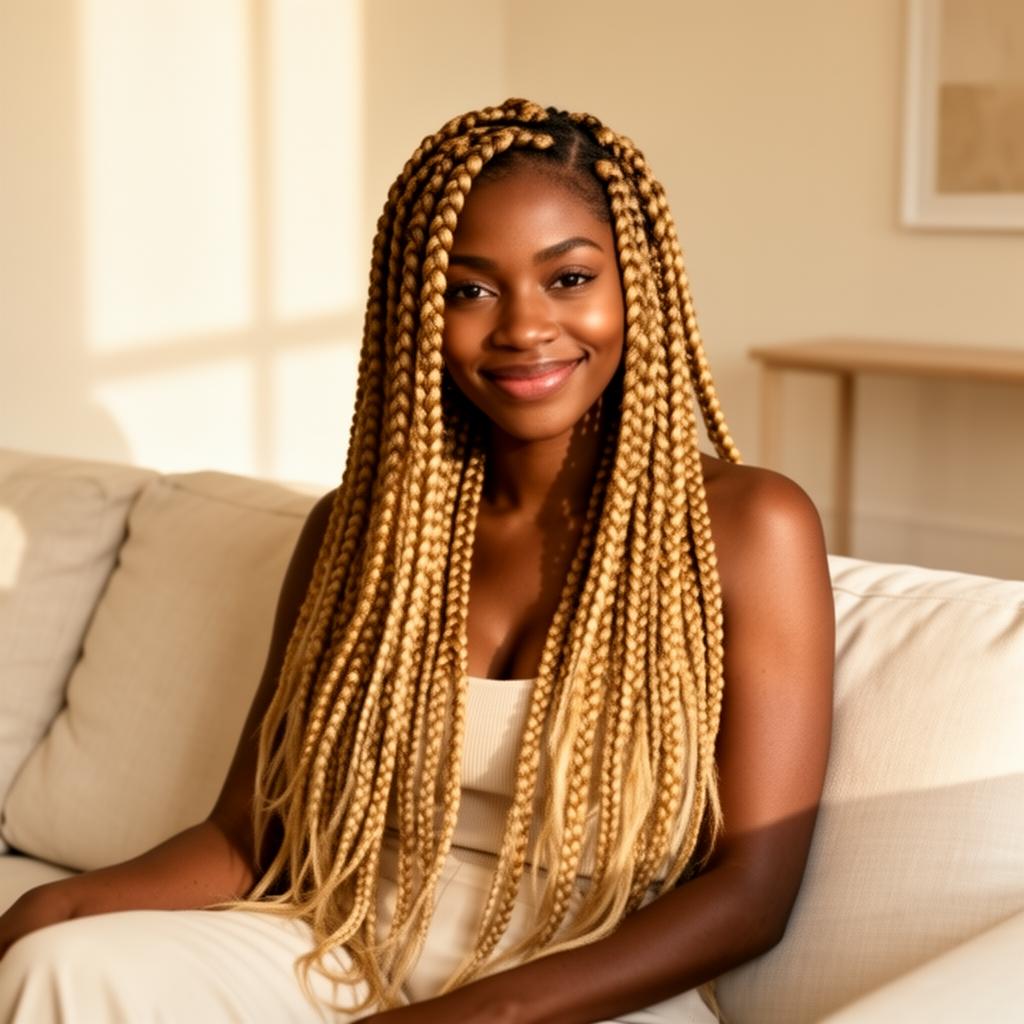 A young Black woman with honey-blonde knotless braids relaxing at home